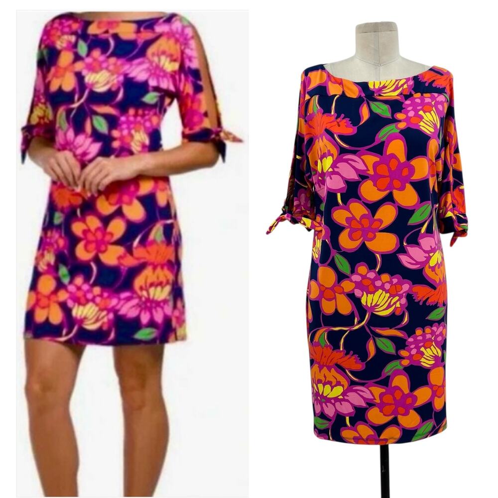 Trina Turk Vinet Floral Jersey Split Sleeve Mini Dress Navy Blue Size Medium